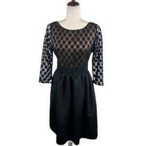 Eliza J Black Velvet Taffeta Polka Dot Party Dress 3/4 Sleeve Fit Flare Size 10‎